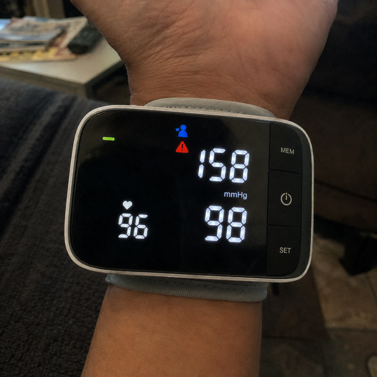 Customer 2 blood pressure reading before: 158/98 · 96 bpm
