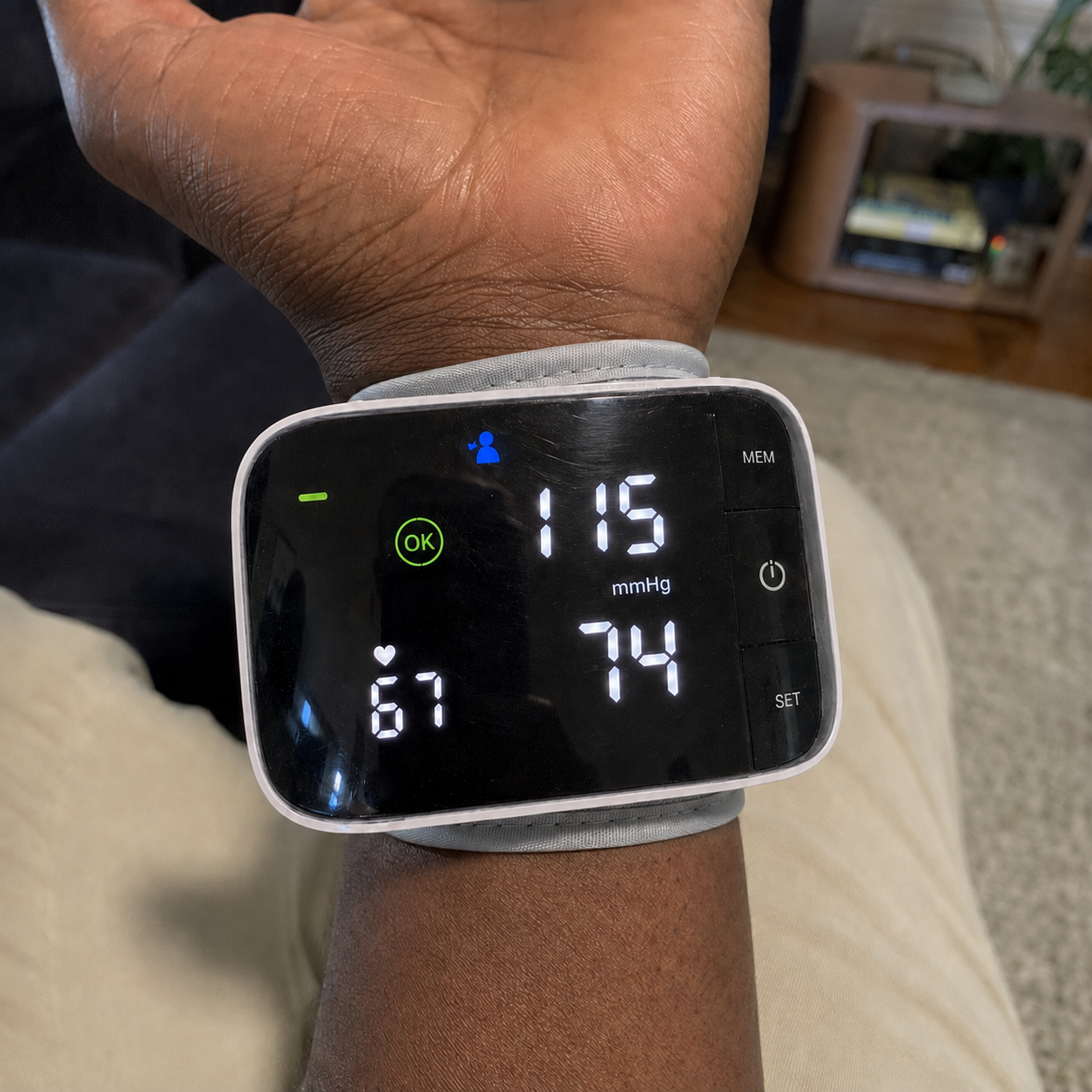 Customer 3 blood pressure reading after: 115/74 · 67 bpm