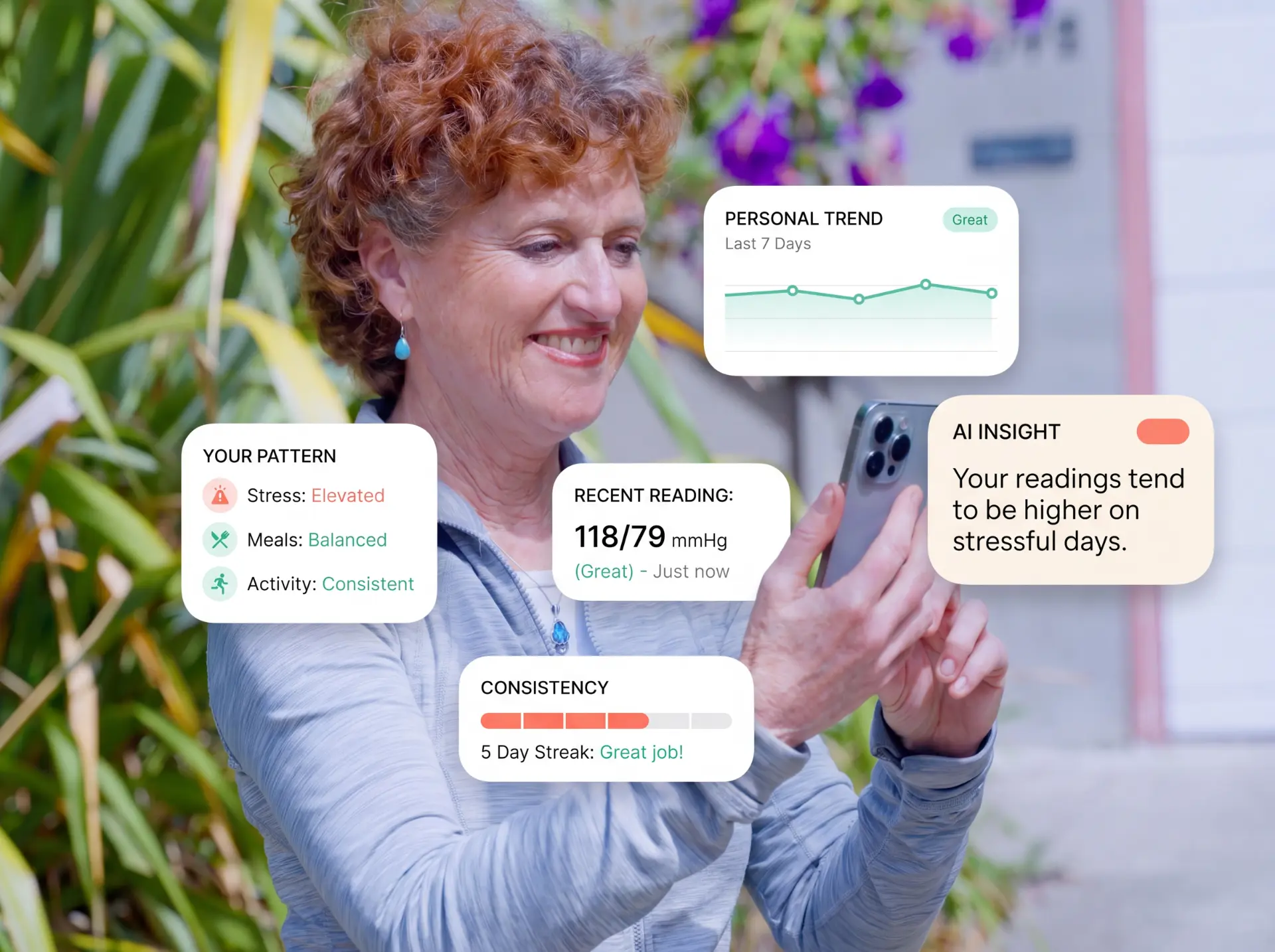 Woman reviewing her personalized Pressure Compass insights on a smartphone