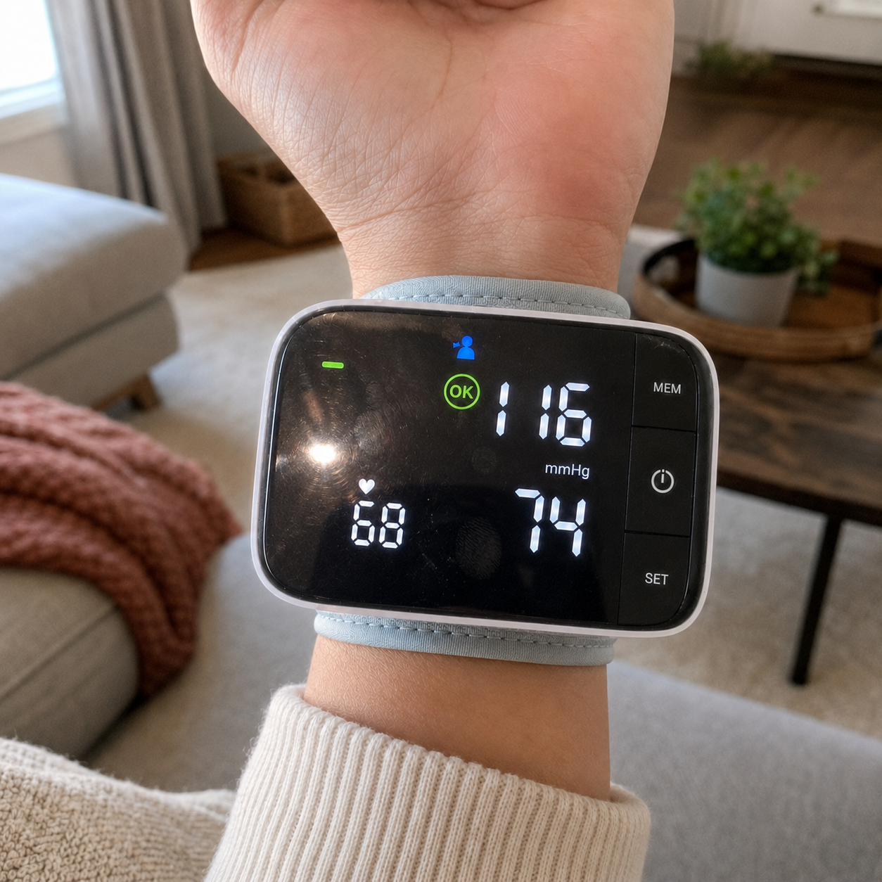 Customer 2 blood pressure reading after: 116/74 · 68 bpm