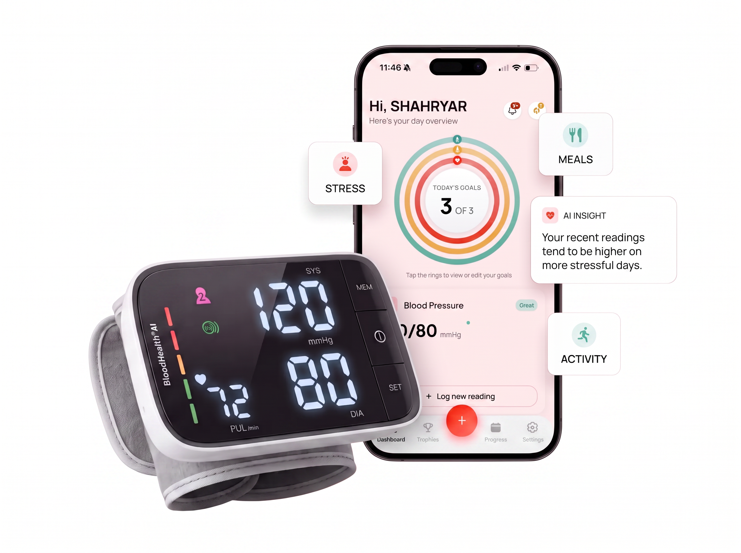 Pressure Compass Smart Blood Pressure Monitor with smartphone app showing 120/80 reading